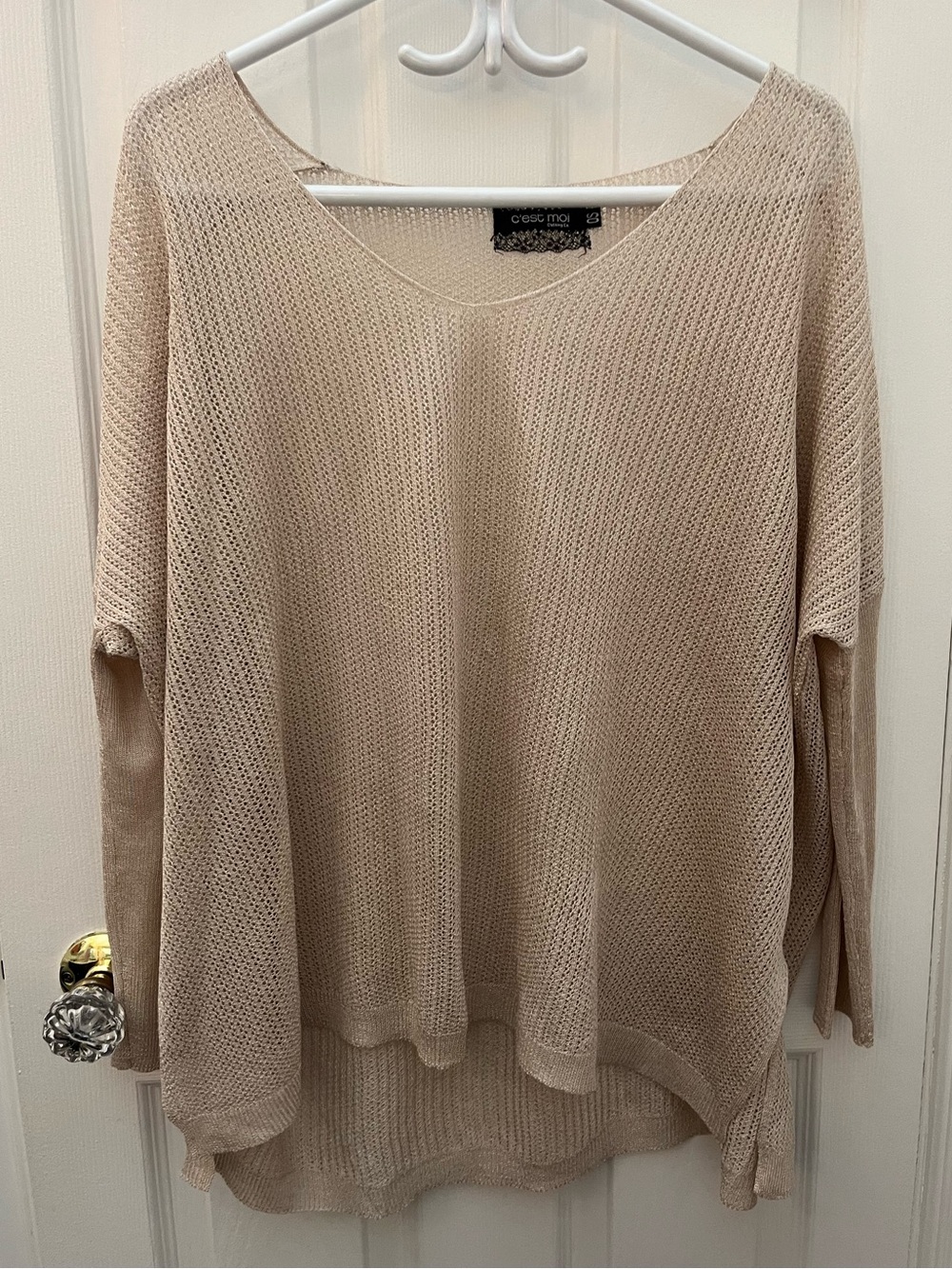 C’est Moi Neutral Knit V-Neck Sweater in Beige